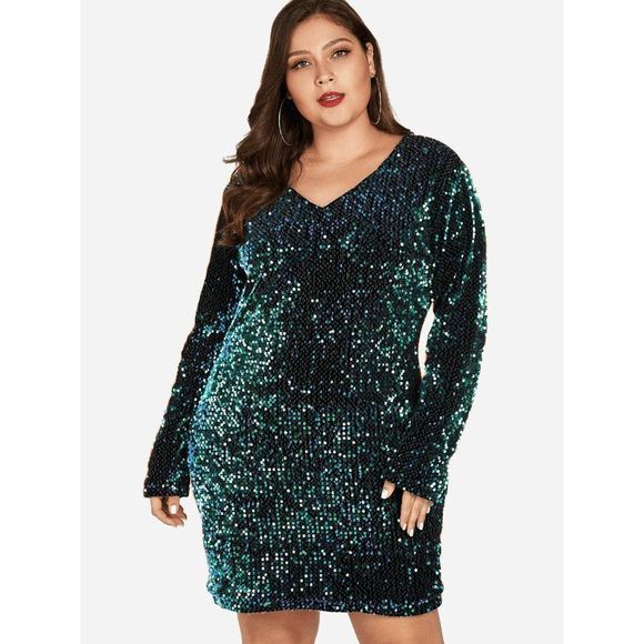 Dresses & Skirts - 💚 Plus Size Sequin Sparkly Glitter Stretchy Long Sleeve Party Mini Dress XL NEW
